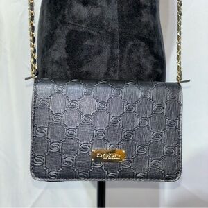 Bebe Black Los Angeles Snap Logo Embossed Crossbody Faux Leather and Chain Bag